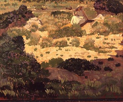 Fille assise sur une berge sablonneuse - Derwent Lees