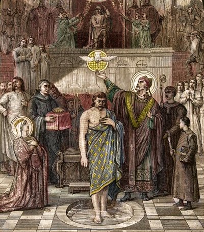 Saint Remi baptise Clovis à Reims - Le baptême du roi des Francs Clovis Ier (466-511) à Reims par l