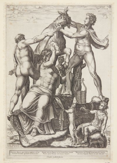 Amphion et Zethos attachant Dirke à un taureau sauvage - Diana Scultori