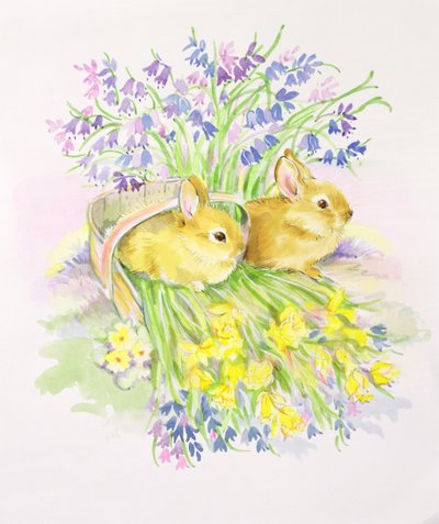 Lapins dans un panier avec des jonquilles et des jacinthes des bois - Diane Matthes