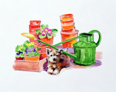 Terrier parmi des pots en terre cuite - Diane Matthes