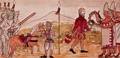 Rencontre de Hernando Cortes (1485-1547) et Montezuma (1466-1520), miniature de 