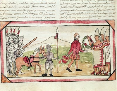 Fol.208v Rencontre de Hernando Cortes (1485-1547) et Montezuma (1466-1520), miniature de 