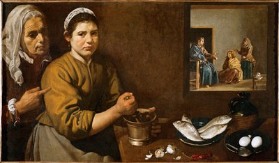 Scène de cuisine avec le Christ dans la maison de Marthe et Marie, sœurs de Lazare (huile sur toile) - Diego Rodriguez de Silva y Velazquez
