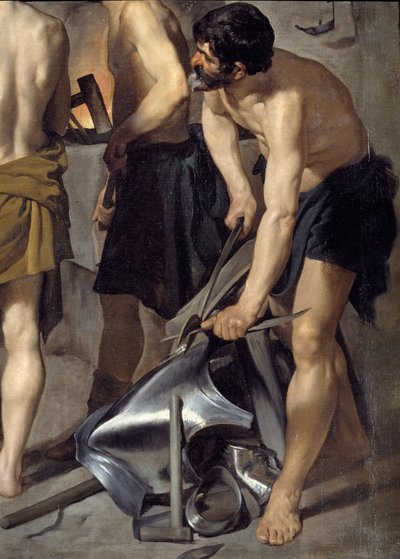 La forge de Vulcain, détail. Un des forgerons travaille sur une armure. Peinture par Diego Velasquez (1599-1660) 1630 Madrid, Musée du Prado - Diego Velázquez