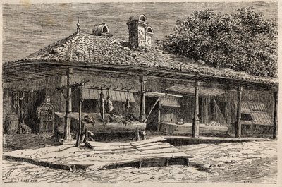 Une boucherie et une boulangerie à Bucarest (Roumanie). Gravure pour illustrer le voyage de Paris à Bucarest de Lancelot, dessinateur, en 1860, dans "Le tour du monde, nouveau journal des voyages", publié sous la direction d