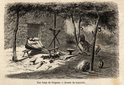 Une forge tzigane dans la région de Valachie, Roumanie. Gravure pour illustrer le voyage de Paris à Bucarest, par Lancelot, dessinateur, en 1860, publié dans « Le tour du monde, nouveau journal des voyages » - Dieudonne Auguste Lancelot