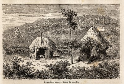 Un relais postal entre Bucarest et Pitesti. Gravure pour illustrer le voyage de Paris à Bucarest (Roumanie), en 1860, par Lancelot, dessinateur, dans « Le tour du monde, nouveau journal des voyages », publié sous la direction d