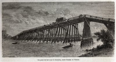 Un pont en bois sur le Danube, entre Passau et Vienne, dessin de Lancelot, pour illustrer le voyage de Victor Duruy de Paris à Bucarest en 1860. Gravure dans « Le tour du monde », édité par Edouard Charton - Dieudonne Auguste Lancelot