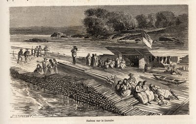 Un radeau en bois sur le Danube, pour le transport de marchandises et de personnes, dessin de Lancelot, pour illustrer le voyage de Victor Duruy de Paris à Bucarest en 1860. Gravure dans « Le tour du monde », édité par Edouard Charton - Dieudonne Auguste Lancelot