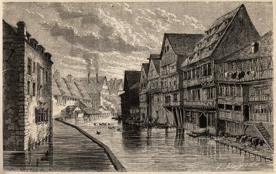 Vieilles tanneries, à Ulm, dessin par Lancelot, pour illustrer le voyage de Victor Duruy de Paris à Bucarest en 1860. Gravure dans « Le tour du monde », édité par Edouard Charton - Dieudonne Auguste Lancelot