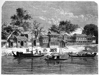 Palais conçu pour les missionnaires français à Tien Tsin (Tien-Tsin, Tianjin), Chine. Gravure par Lancelot, dans « Le Tour du Monde, Nouveau journal des Voyages », édité par Édouard Charton, Paris - Dieudonne Auguste Lancelot