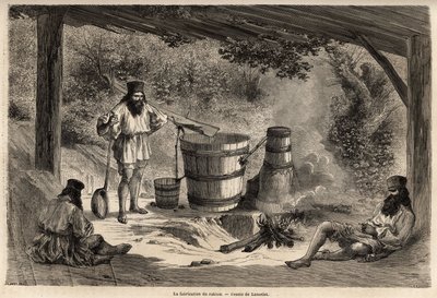La fabrication du rakiou, alcool de céréales, sorte de schnaps très courant en Roumanie. Gravure pour illustrer le voyage de Paris à Bucarest, par Lancelot, dessinateur, en 1860, publié dans « Le tour du monde, nouveau journal des voyages », sous la direct - Dieudonne Auguste Lancelot