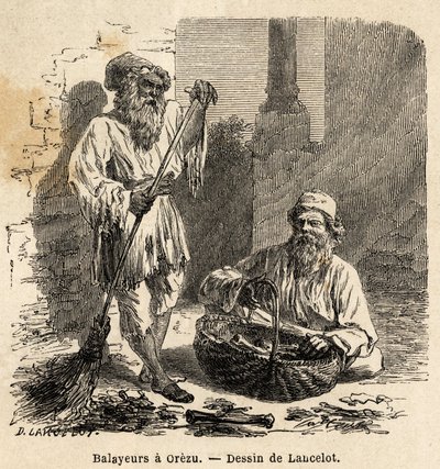 Les balayeurs à Orezu (Roumanie). Gravure pour illustrer le voyage de Paris à Bucarest, par Lancelot, dessinateur, en 1860, publié dans « Le tour du monde, nouveau journal des voyages », sous la direction d