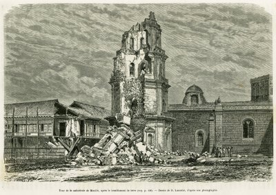 Tour de la cathédrale de Manille, après le tremblement de terre du 18 juillet 1880. Gravure par Lancelot pour illustrer l