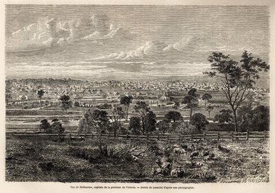 Vue de Melbourne (Australie), dessin de Lancelot, pour illustrer les souvenirs d