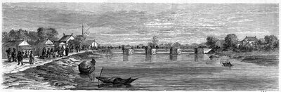Vue du pont sur la rivière Suzhou près de Shanghai en 1860, Chine. Gravure par Lancelot, dans « Le Tour du Monde, Nouveau journal des Voyages », édité par Edouard Charton, Paris - Dieudonne Auguste Lancelot