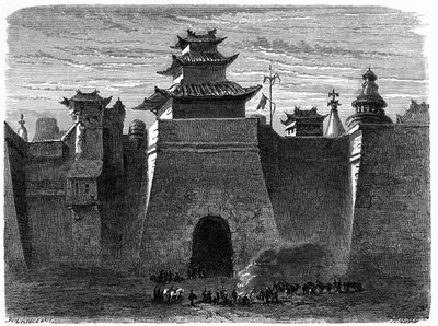 Murs et porte de Pékin (Beijing), Chine. Gravure par Lancelot, dans « Le Tour du Monde, Nouveau journal des Voyages », édité par Edouard Charton, Paris - Dieudonne Auguste Lancelot