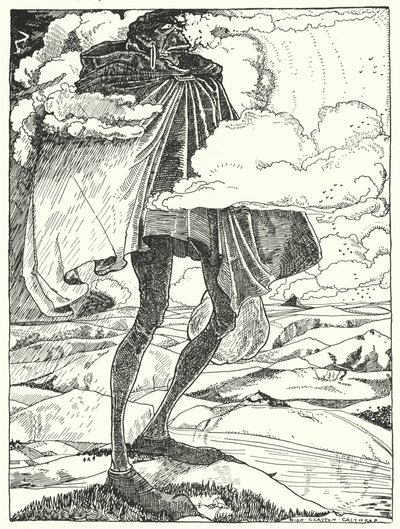 « Nous avons vu le Géant marcher sur les sommets des collines, portant son dîner dans un sac » (gravure) - Dion Clayton Calthrop
