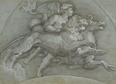 Putto Ailé Montant un Cheval Marin et un Lion après Raphaël, verso..., 1574 - Dionisio Calvaert