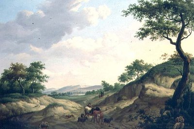 Un paysage boisé avec des bergers et des animaux sur un rocher - Dionys van Dongen