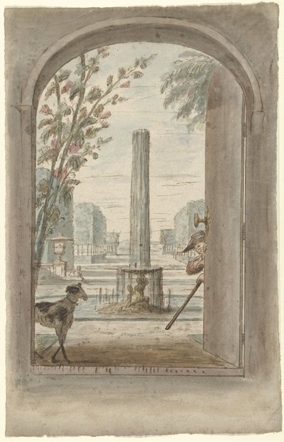 Projet pour une peinture murale avec vue à travers une porte ouverte sur un jardin avec fontaine - Dionys van Nijmegen