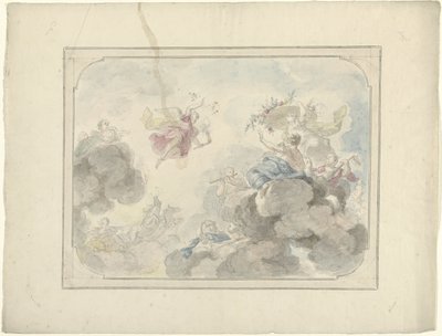 Conception pour une peinture de plafond avec vue sur le ciel où Aurora chasse les ténèbres - Dionys van Nijmegen