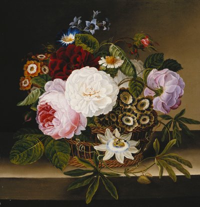 Roses et autres fleurs dans un panier sur un rebord - Dionys van Nijmegen