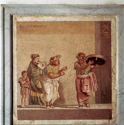 Mosaïque romaine de musiciens et acteurs masqués dans une pièce, Pompéi, Italie - Dioscurides
