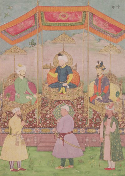 Empereur moghol Babur et son fils, Humayun, miniature indienne du Rajasthan, XVIe siècle - Dip Chand