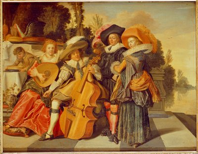 Figures Élégantes faisant de la Musique sur une Terrasse près d