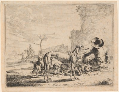 Un homme assis avec une meute de chiens - Dirck Stoop