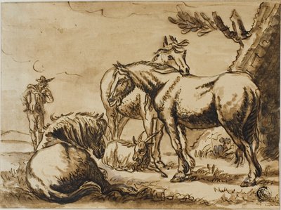 Chevaux, chèvre et un homme - Dirck Stoop