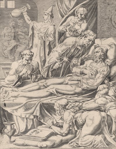 Le Riche sur son lit de mort, de La Parabole de Lazare et du Riche, planche 2 - Dirck Volkertsen Coornhert