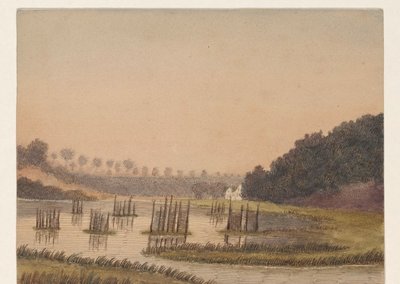 Paysage marécageux avec un bâtiment au loin - Dirk Arnoldus Tavenraat