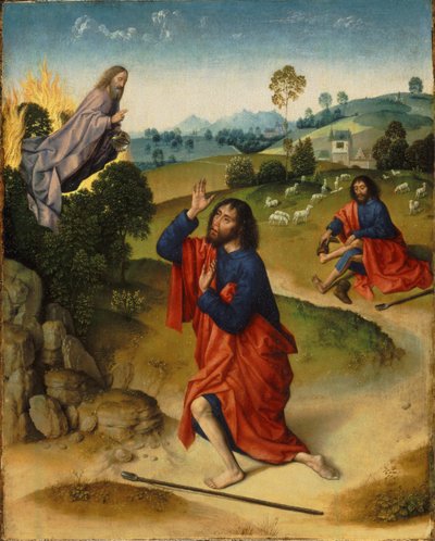 Moïse et le buisson ardent, avec Moïse enlevant ses chaussures, vers 1465 - Dirk Bouts