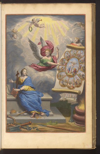 Page de titre avec un ange montrant à la Foi enchaînée le martyre du Christ et des douze Apôtres (Histoire du Nouveau Testament) - Dirk Janszoon van Santen