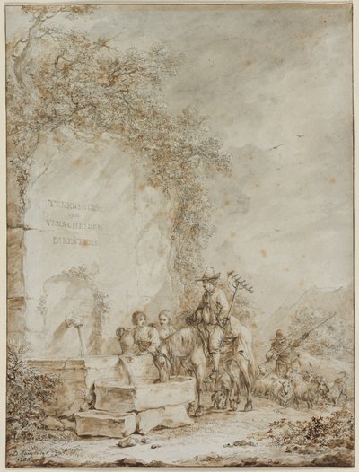 Frontispice pour un Album de Dessins : Paysans à une Fontaine (recto) - Dirk Langendijk