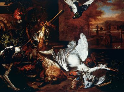 Nature morte avec héron mort et chien aboyant à l