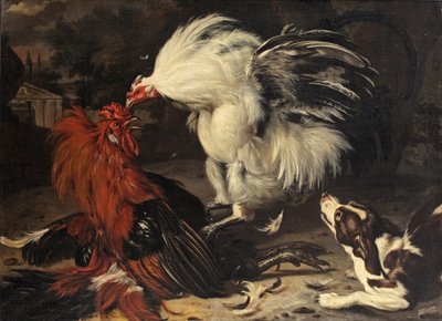 Deux coqs se battant et un chien regardant, un paysage de parc au-delà - Dirk Valkenburg