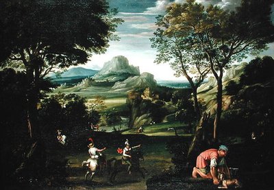 Paysage avec bateaux, ou Paysage avec scène de chasse - Domenichino