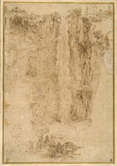 Paysage avec une cascade; au pied, deux hommes, dont un monté - Domenichino
