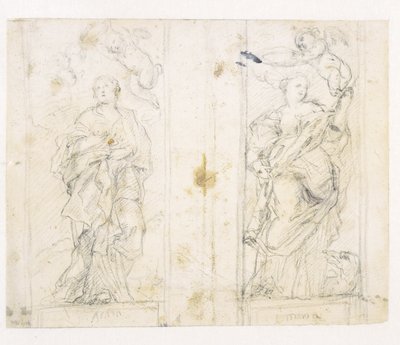 Deux niches avec des figures debout de Sainte Agathe et Sainte Marguerite couronnées par des putti - Domenichino