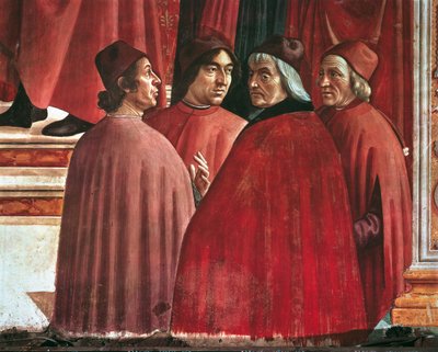 Histoires de la Vierge Marie : Annonciation à Zacharie, détail de Cristoforo Landino, Angelo Poliziano et Marsilio Ficino, c.1485-90 (fresque) - Domenico Ghirlandaio