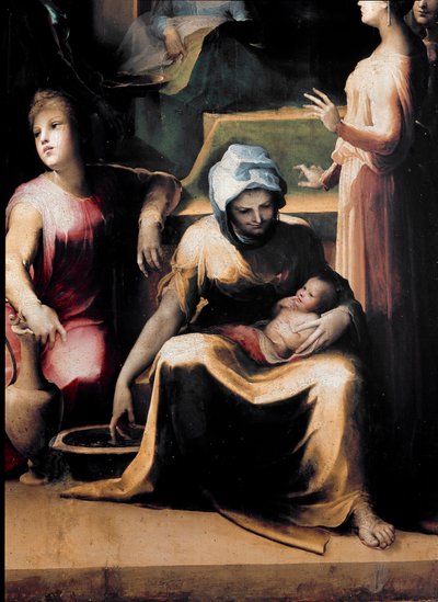La naissance de la Vierge. Détail montrant une servante avec le nouveau-né - Domenico Beccafumi