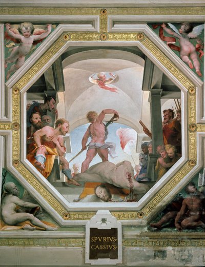La décapitation de Spurius Cassius Vecellinus exécuté par son père pour avoir envisagé de devenir roi en 485 av. J.-C. Fresque par Domenico Beccafumi 1529-1535 Sienne, Palazzo pubblico - Domenico Beccafumi
