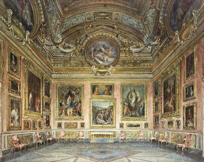Intérieurs du Palazzo Pitti, Florence : La Sala di Saturno avec la "Lamentation" de Perugino encadrée par des peintures de Fra Bartolommeo et Raphaël, 1871 - Domenico Caligo