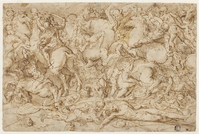 Scène de bataille avec des chevaux et des hommes - Domenico Campagnola