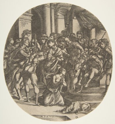 Figure féminine Sainte Catherine agenouillée au centre suppliant une figure masculine, 1517 - Domenico Campagnola