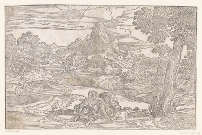 Paysage avec couple et une vielle à roue - Domenico Campagnola